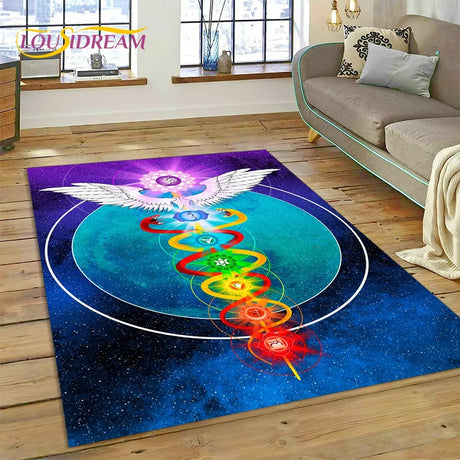 Colorful rug with angelic design on a wooden floor in a living room.