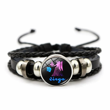 Black braided bracelet with Virgo zodiac sign charm on a white background
