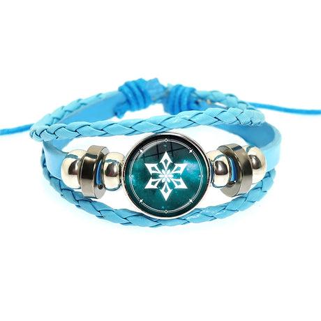 Blue braided bracelet with a snowflake charm on a white background