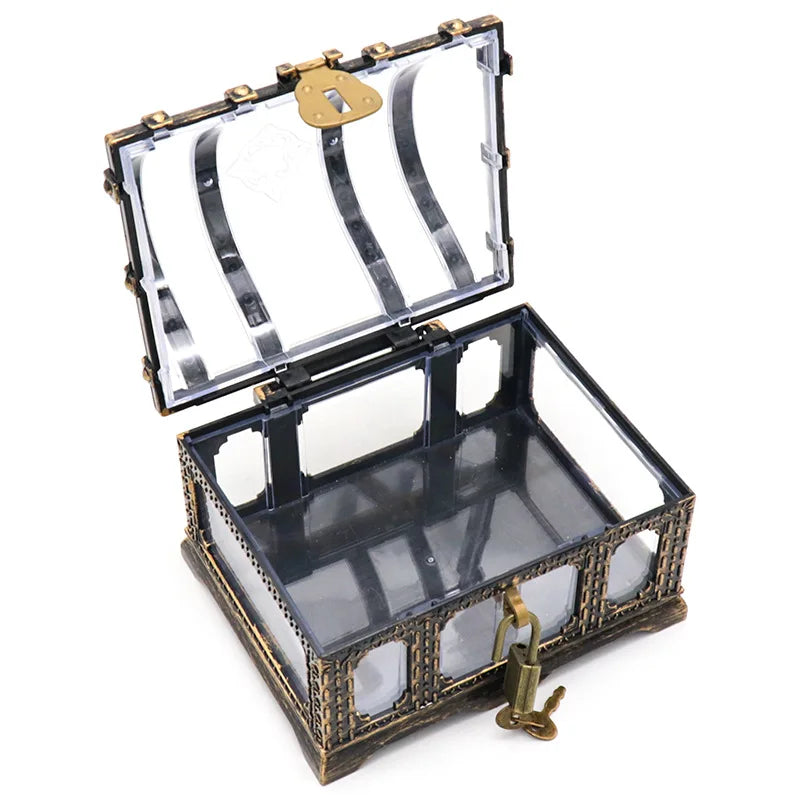 Decorative glass box with brass accents on a white background