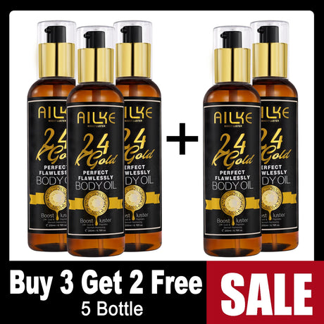 Five bottles of AILKE 24K Gold Body Oil with a buy 3 get 2 free offer on a white background.