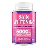 Pink and white supplement bottle labeled 'Skin Whitening' with text on a white background