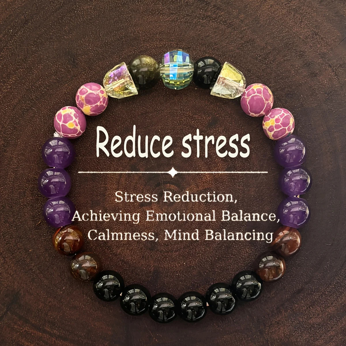 Colorful beaded bracelet on a wooden background with text about stress reduction.
