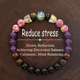 Colorful beaded bracelet on a wooden background with text about stress reduction.