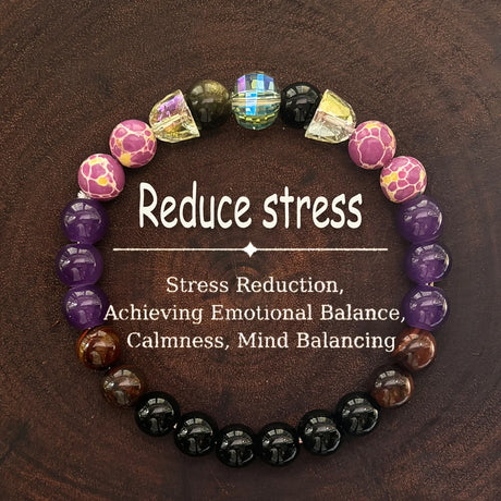 Colorful beaded bracelet on a wooden background with text about stress reduction.