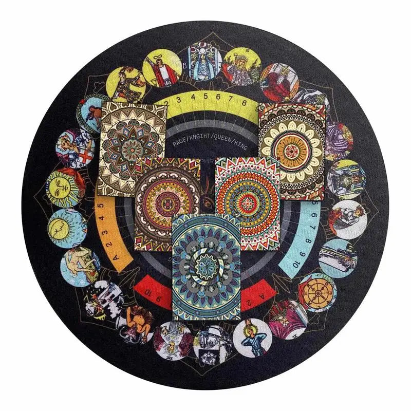 Colorful tarot card deck with various card designs on a black background