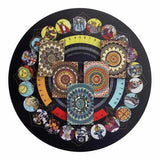 Colorful tarot card deck with various card designs on a black background