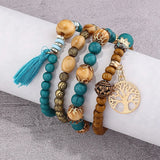 Set of beaded bracelets with turquoise and gold elements on a white surface.