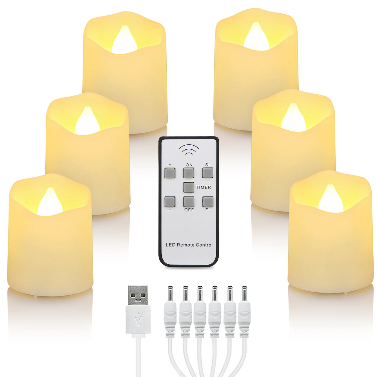 Set of LED candles with remote control and accessories on a white background