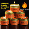 Stack of emergency disaster prevention candles with flame graphic and text on a black background