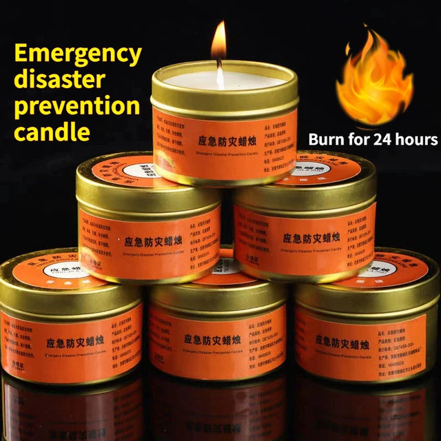 Stack of emergency disaster prevention candles with flame graphic and text on a black background