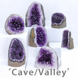 Collection of purple crystal geodes on a white background with 'Cave/Valley' branding.