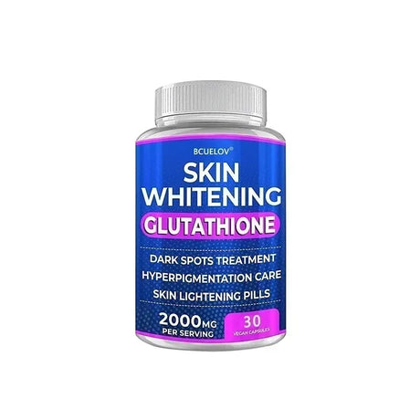 Bottle of skin whitening glutathione pills on a white background