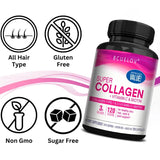 BCUELOV Super Collagen supplement bottle with health benefits icons on a white background