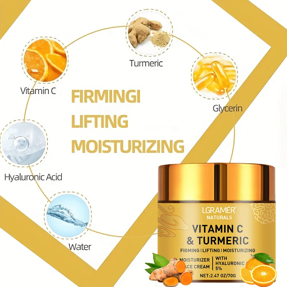 Gold jar of LGamer Naturals Vitamin C & Turmeric cream with ingredients and benefits on a white background