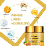 Gold jar of LGamer Naturals Vitamin C & Turmeric cream with ingredients and benefits on a white background