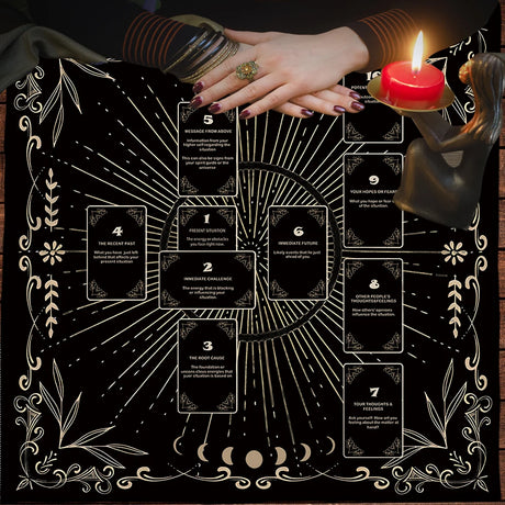 Tarot card reading setup with hands, candle, and ornate design