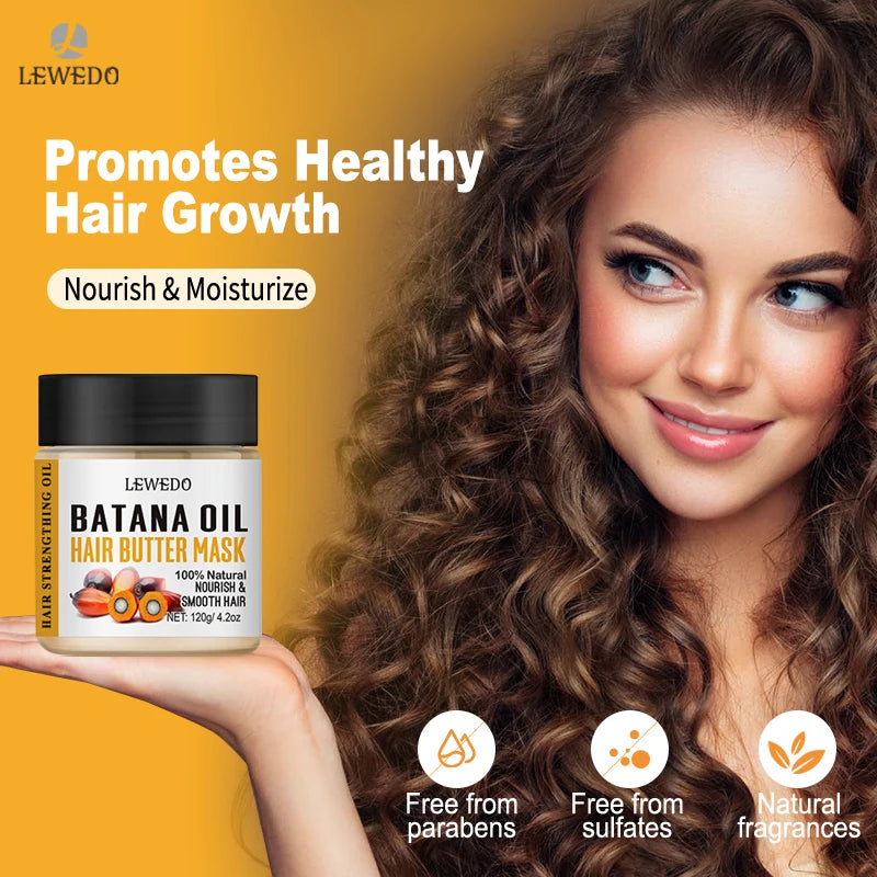 LEWEDO Batana Oil Hair Butter Mask with a woman holding it against a yellow background