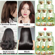 Hair color options with a woman's hair and corresponding bottles of hair care product.