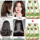 Hair color options with a woman's hair and corresponding bottles of hair care product.