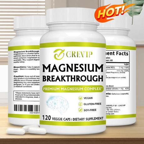 Supplement bottle labeled 'Magnesium Breakthrough' by GREVIP on a wooden surface with a 'HOT!' label.