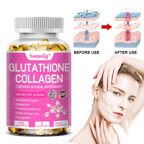 Glutathione collagen supplement bottle with before and after use illustration and a woman touching her face.
