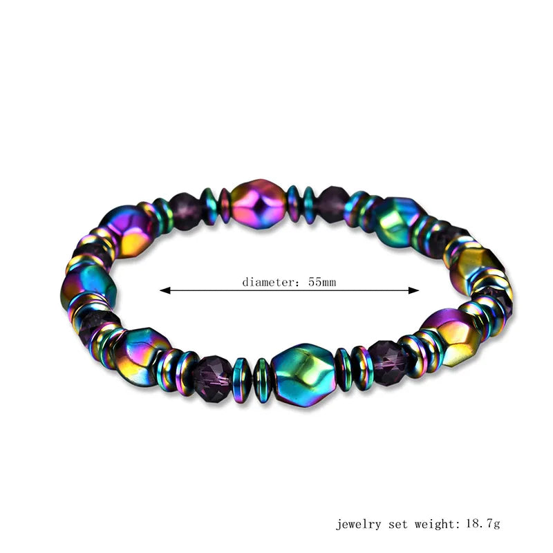 Multicolored beaded bracelet with measurement details on a white background
