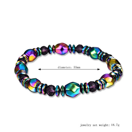 Multicolored beaded bracelet with measurement details on a white background