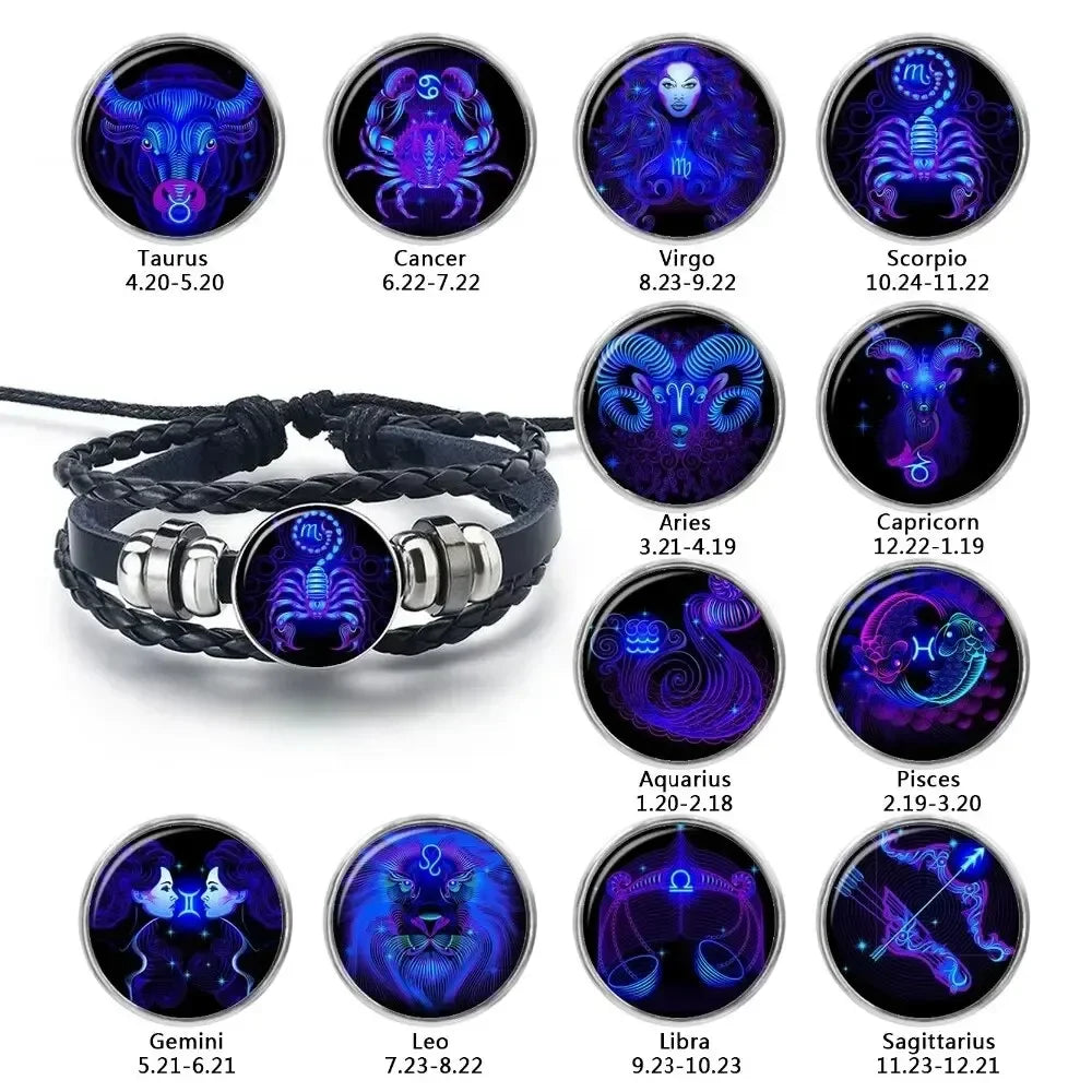 Zodiac sign bracelets with corresponding dates on a white background