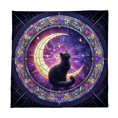Decorative tapestry with a black cat on a crescent moon surrounded by colorful patterns and stars.