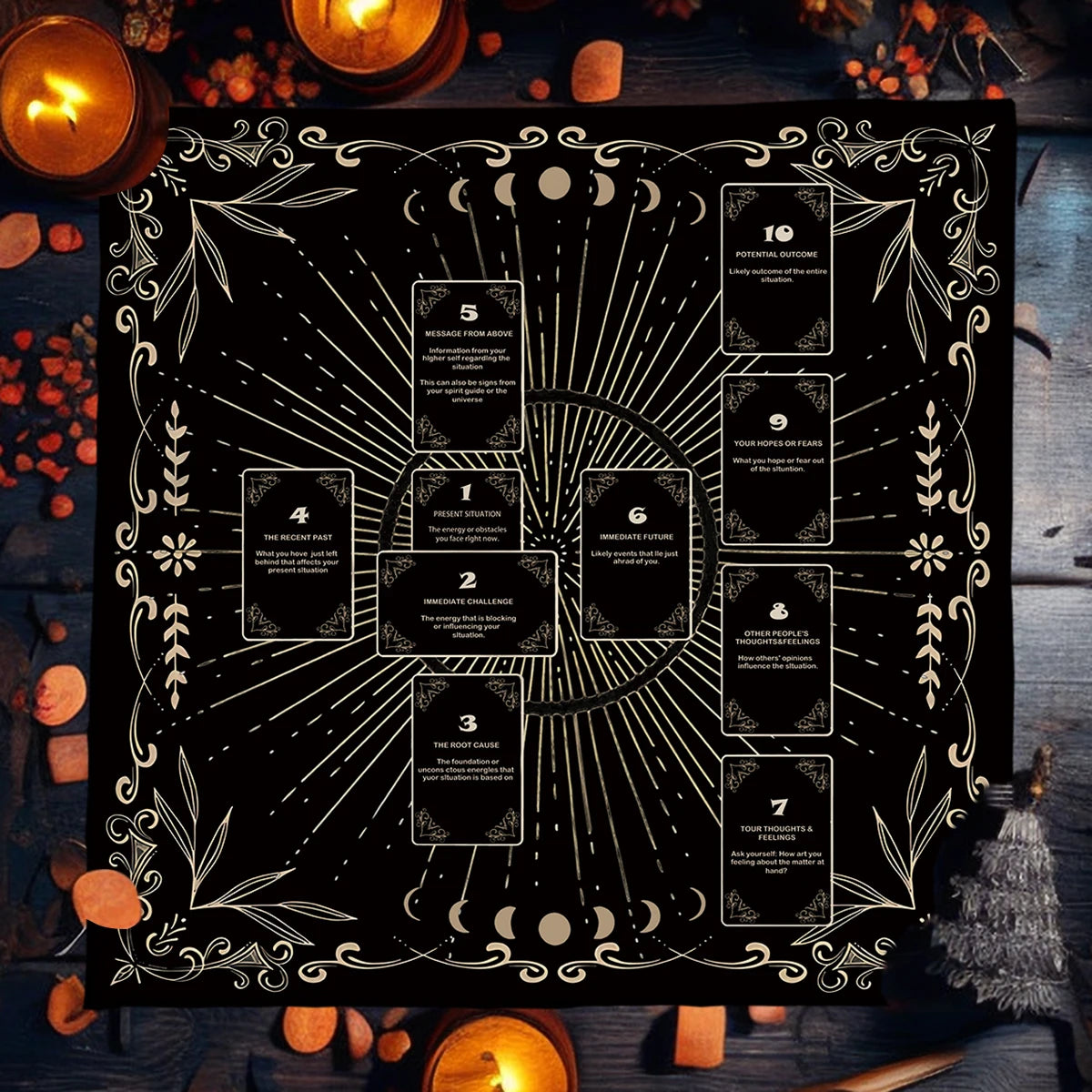 Decorative calendar with black and white design on a dark background with candles and pumpkins.