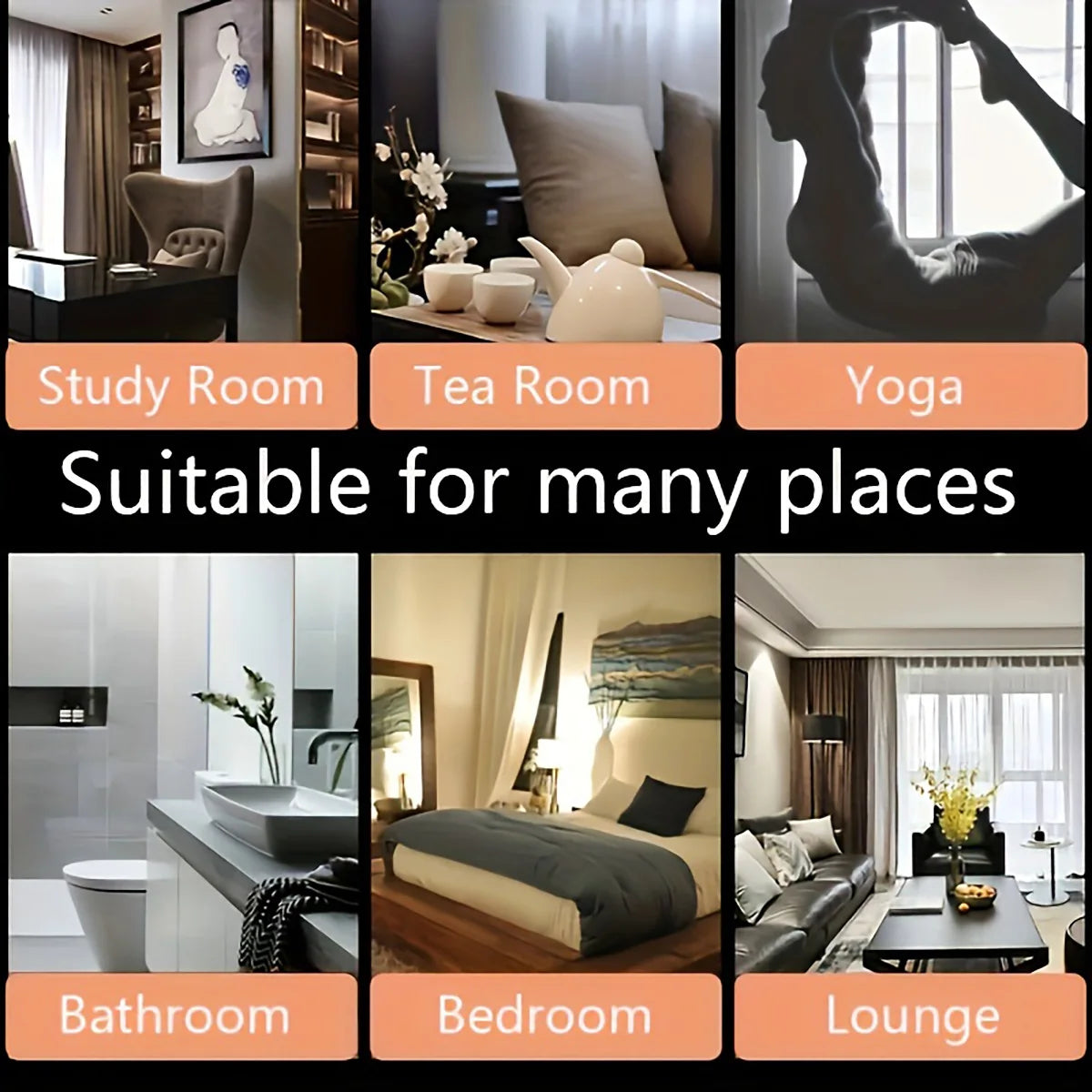 Collage of different rooms with labels for Study Room, Tea Room, Yoga, Bathroom, Bedroom, and Lounge.