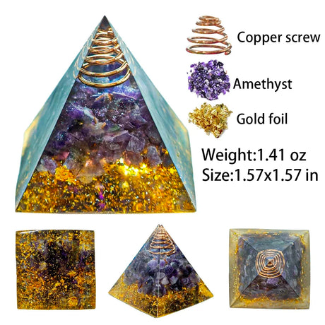 Pyramid-shaped crystal with copper screw, amethyst, and gold foil, labeled with their names and specifications.