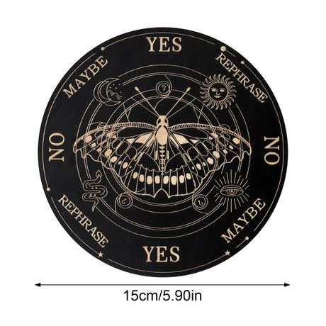 Black circular product with gold text and design, dimensions indicated.