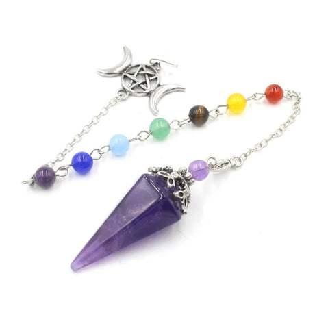 Amethyst pendulum with colorful beads on a white background