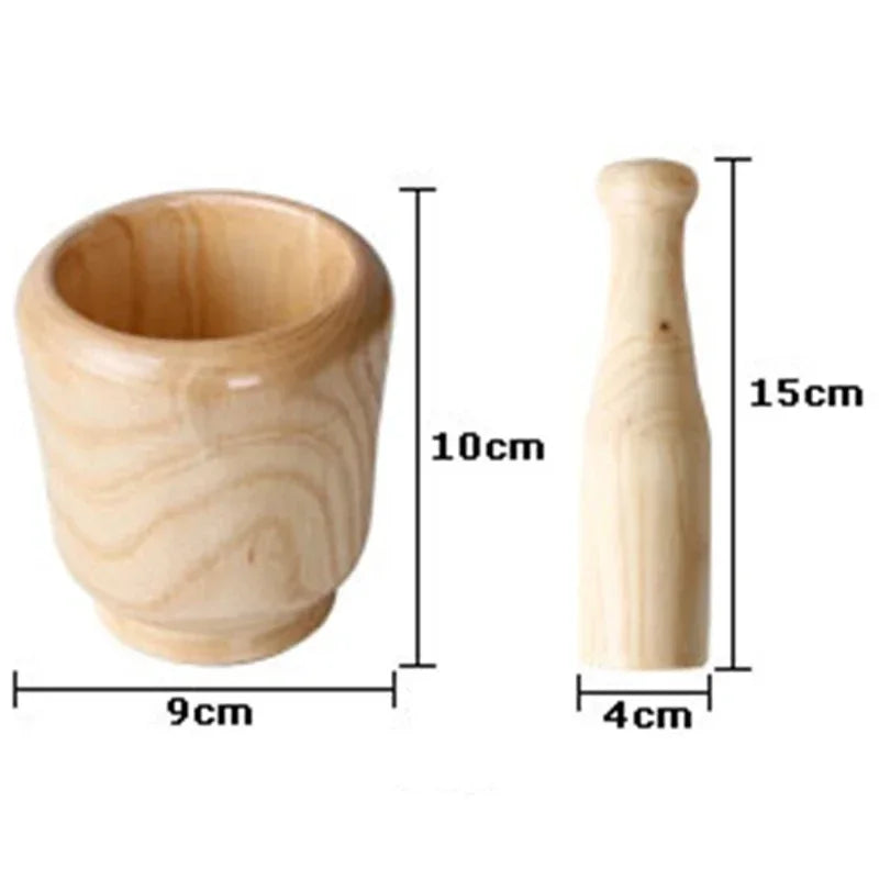 Wooden mortar and pestle with dimensions labeled on a white background
