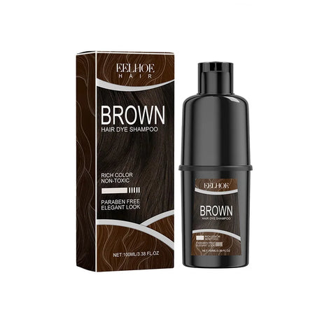 Brown hair dye shampoo with packaging on a white background