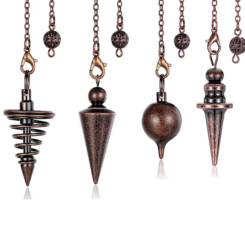 Set of four metallic pendulums on chains against a white background