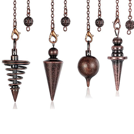 Set of four metallic pendulums on chains against a white background