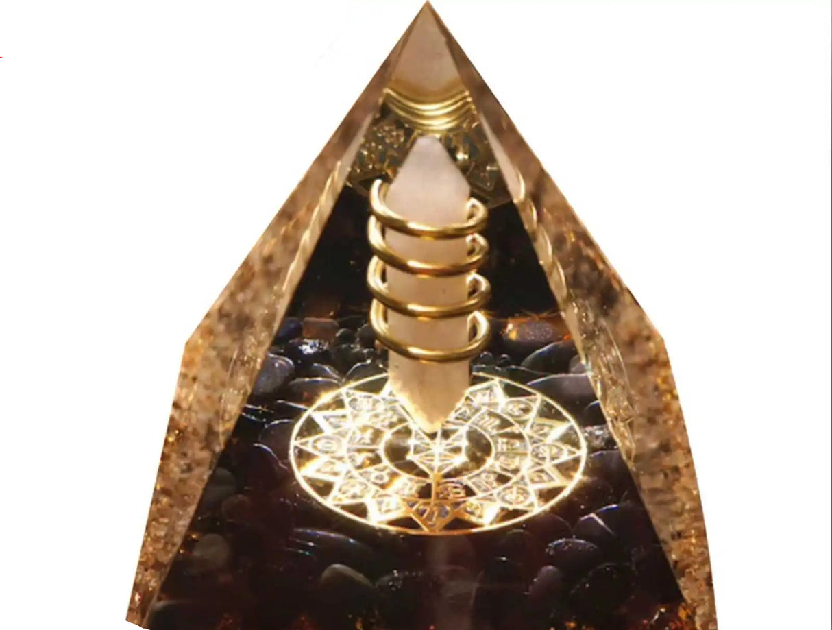 Crystal pyramid with geometric design on a white background, featuring VKTECH branding.