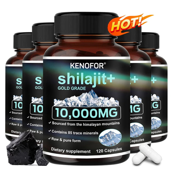 Kenofor Shilajit Gold Grade dietary supplement bottles with promotional text on a white background