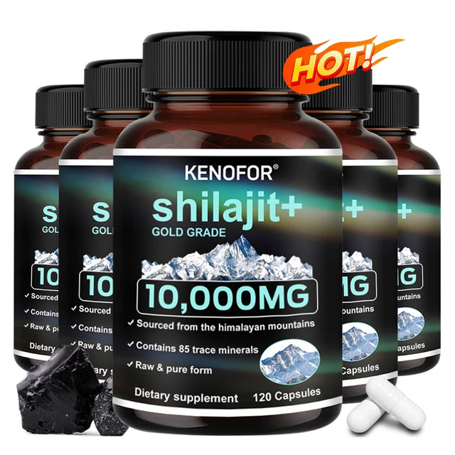 Kenofor Shilajit Gold Grade dietary supplement bottles with promotional text on a white background