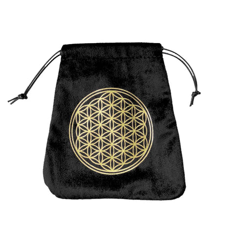 Black drawstring bag with a gold geometric symbol on a white background