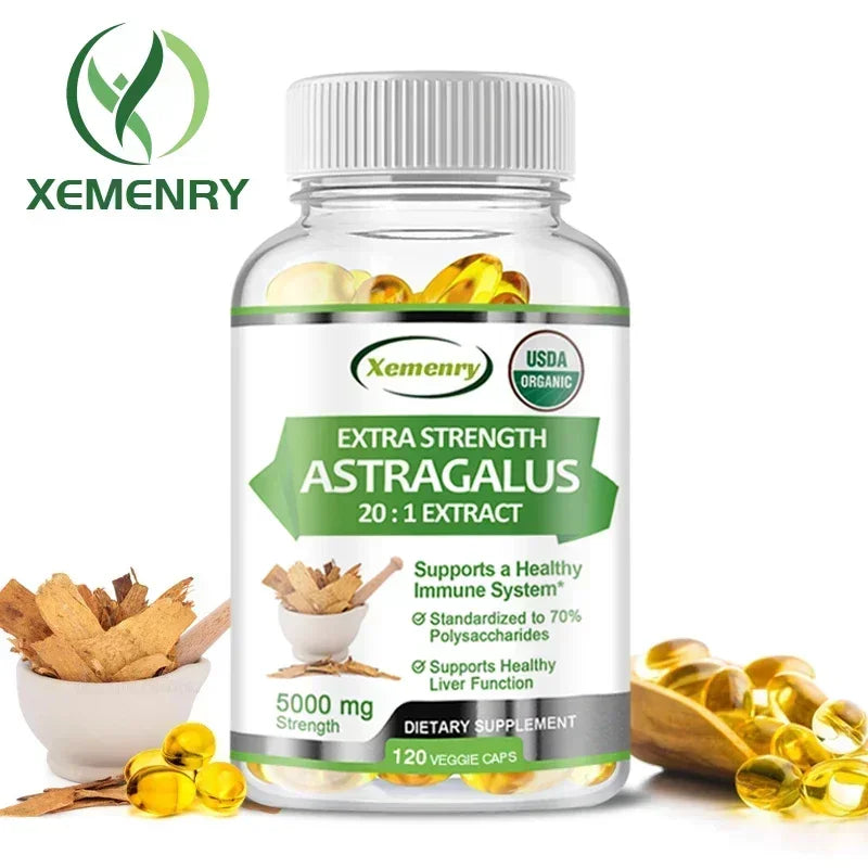 Bottle of Xemenry Extra Strength Astragalus supplement with capsules and roots on a white background