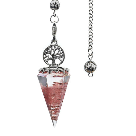 Crystal pendulum with silver tree of life design on a white background