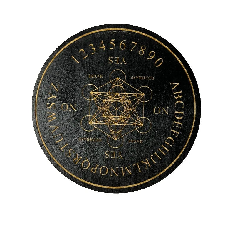 Black and gold Ouija board with geometric design on a white background