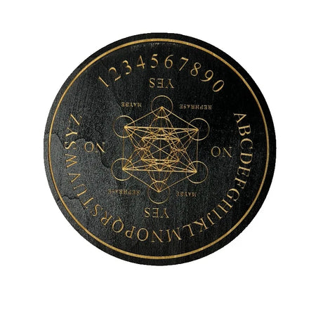 Black and gold Ouija board with geometric design on a white background