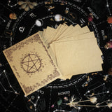 Set of tarot cards with a pentagram design on a starry night sky background.