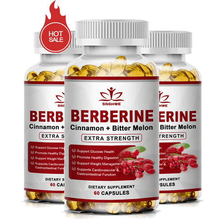Three bottles of Berberine dietary supplements with red and white labels on a white background.