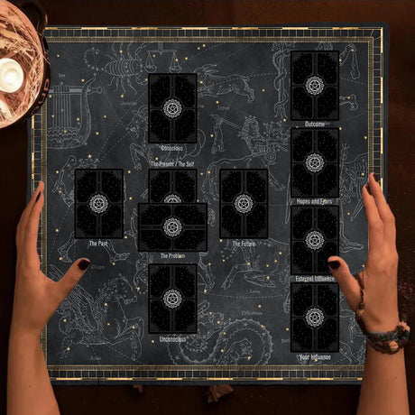 Hands holding tarot cards on a star map card spread with astrological symbols.
